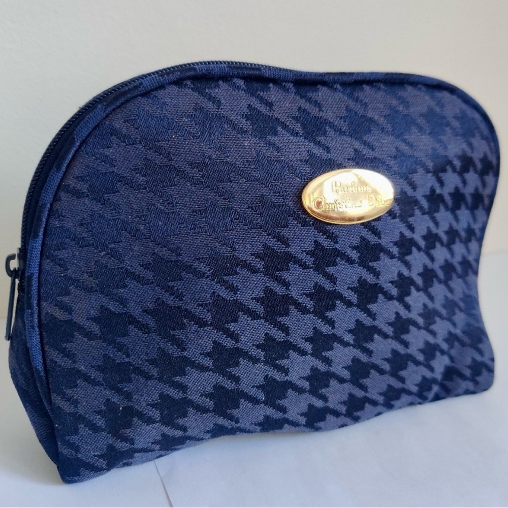 Dior Navy and Dark Navy Houndstooth Cosmetic Case with Gold Plaque